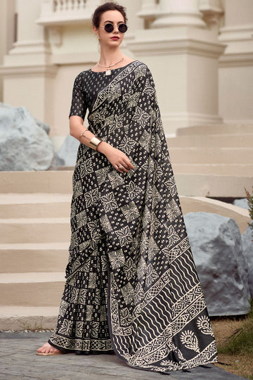 Black Pure Mal Mal Silk Printed Saree