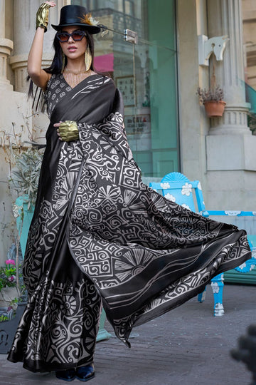 Black Digital Print Satin Crepe Saree for Party