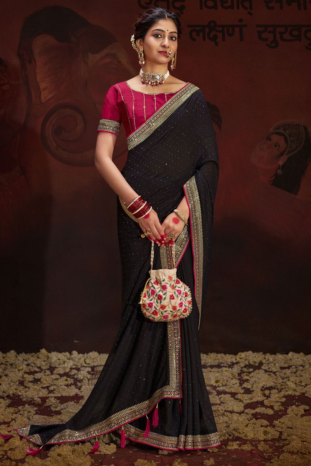 Black Swarovski Work Silk Georgette Saree