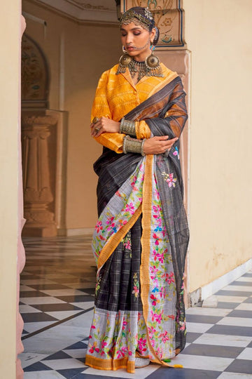 Black Linen Kora Floral Print Saree