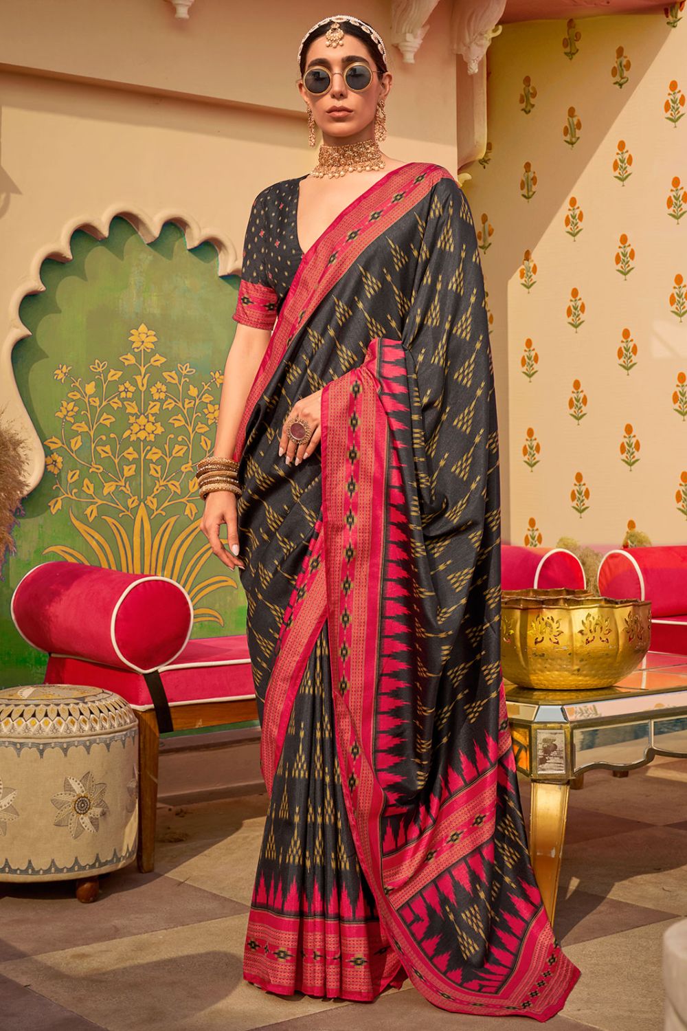 Black Foil Print Silk Saree for Party