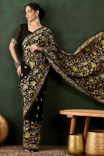 Black Georgette Embroidered Party Wear Saree