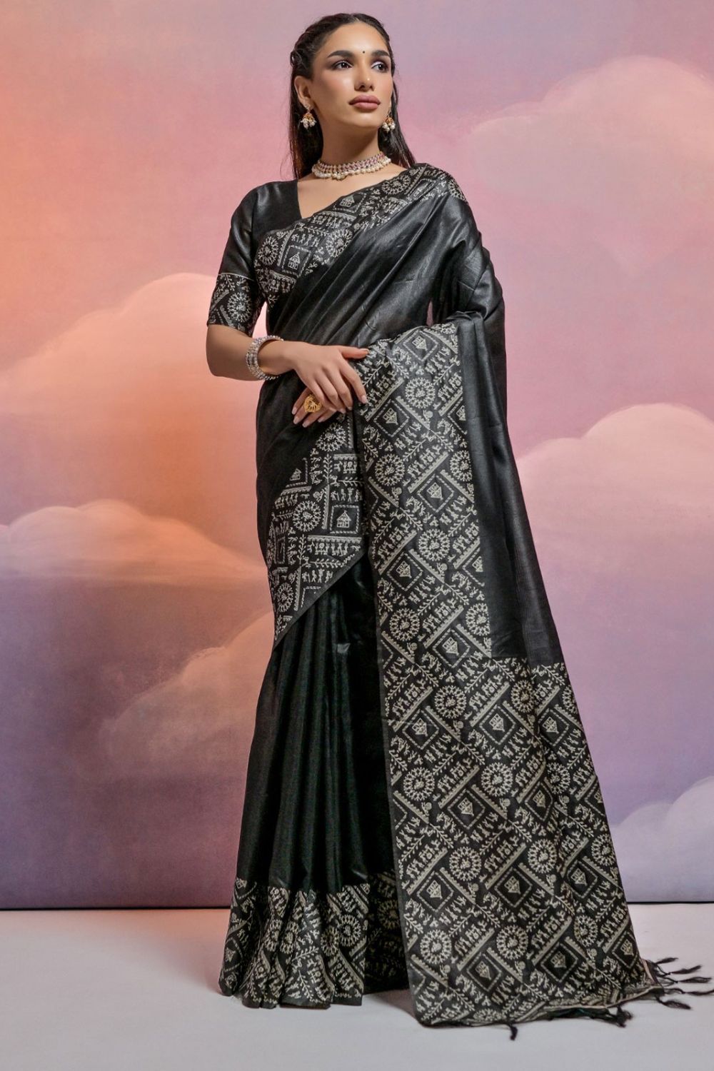 Black Handloom Raw Silk Woven Party Wear Saree