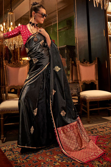 Black Handloom Weaving Satin Saree for Party