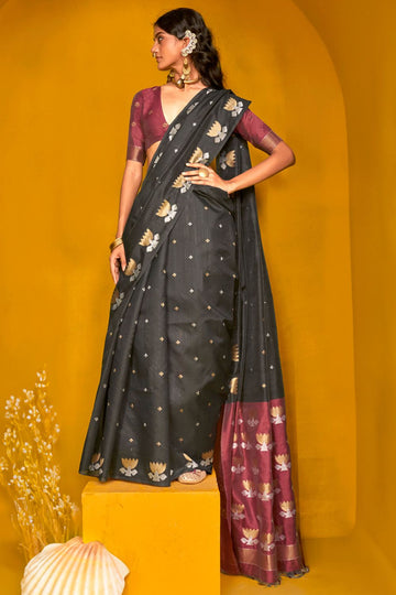 Black Woven Handloom Tussar Silk Saree