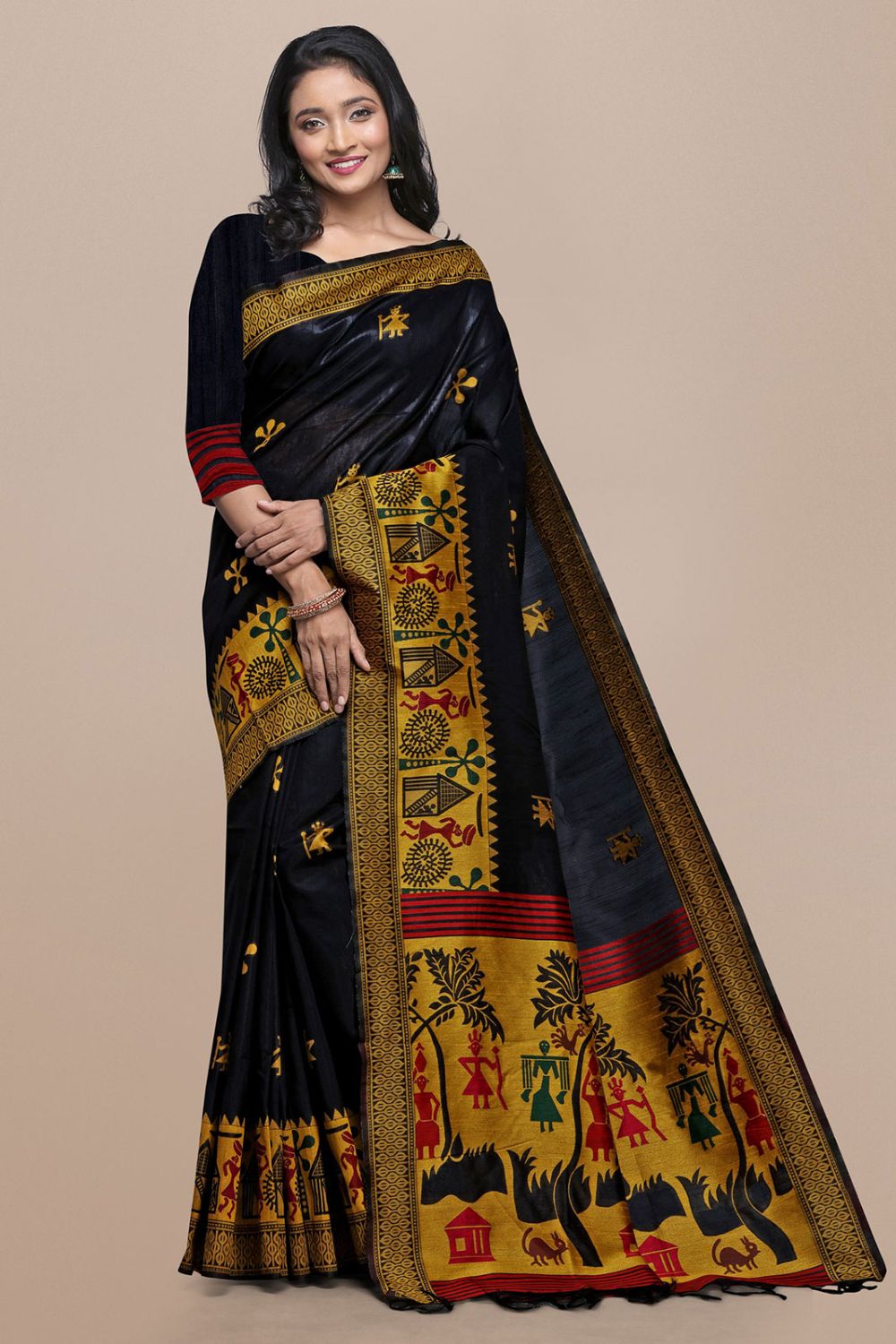 Black Raw Silk Saree with Kalamkari Design