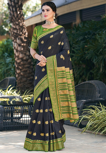 Black Printed Cotton Saree for Party