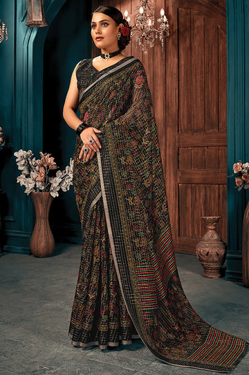 Black Printed Cotton Casual Wear Saree