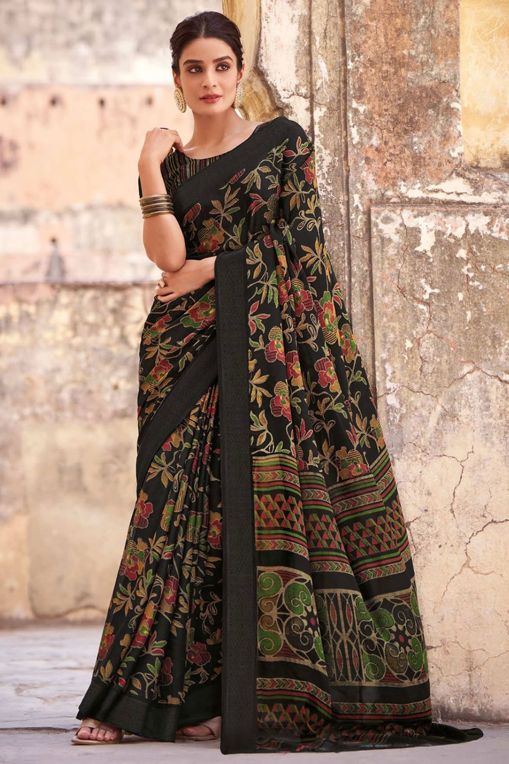 Black Printed Crepe Satin Saree for Festival