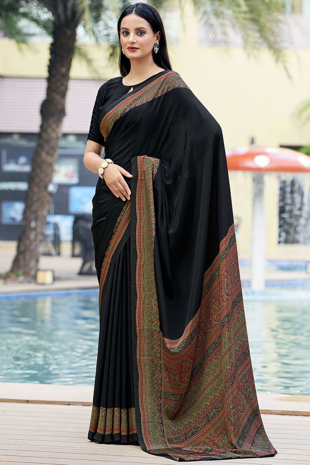 Black Printed Silk Crepe Saree for Party