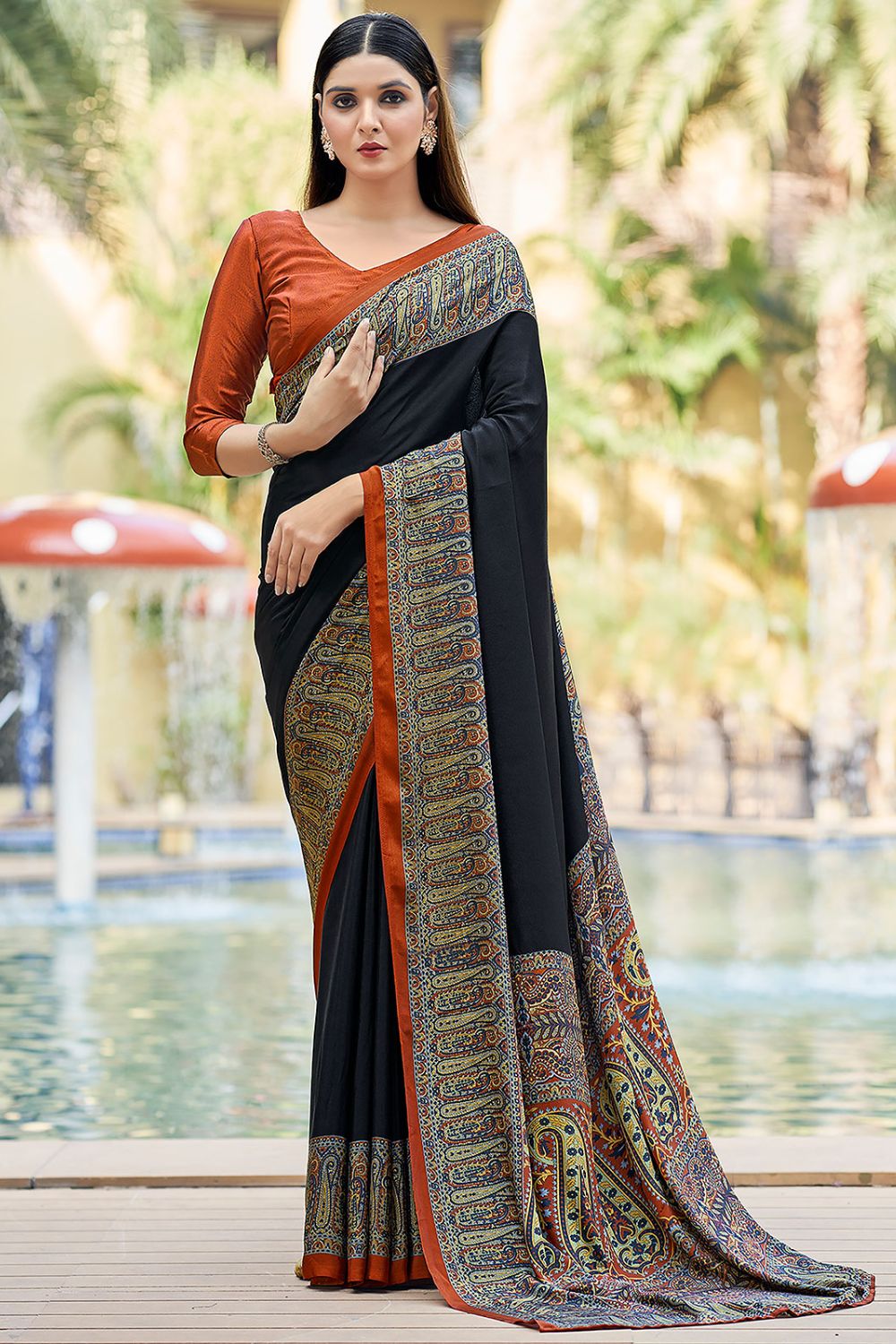 Black Printed Silk Crepe Saree for Party