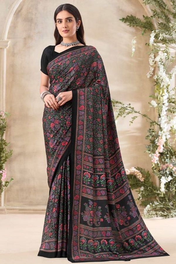 Black Printed Silk Crepe Saree for Party