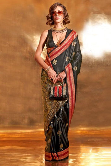 Black Pure Satin Chaap Handloom Silk Saree for Party