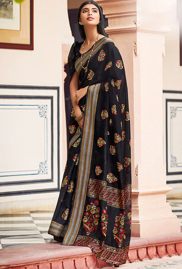 Black Chanderi Printed Saree for Festival