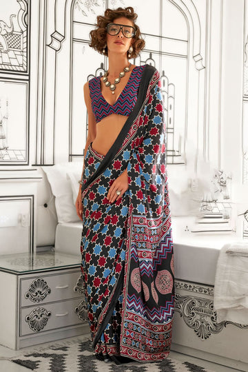 Black Satin Crepe Digital Printed Casual Wear Saree