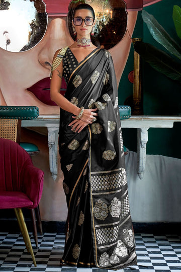 Black Satin Handloom Weaving Silk Saree for Party