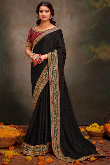 Black Designer Satin Saree for Wedding