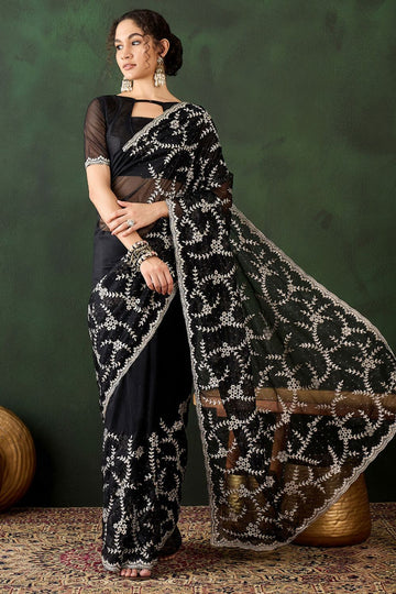 Black Shimmer Embroidered Party Wear Saree