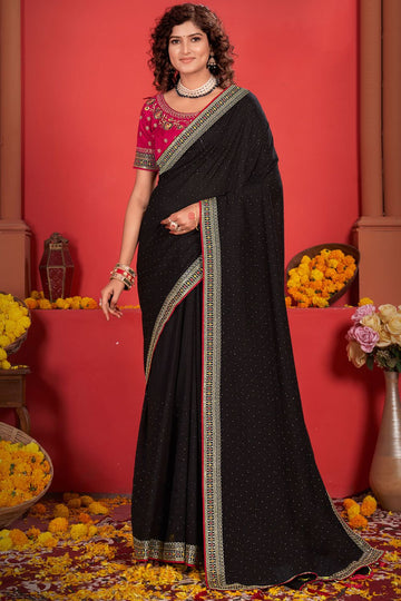 Black Silk Saree with Embroidered Border