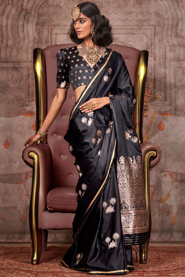 Black Weaving Work Pure Satin Silk Saree