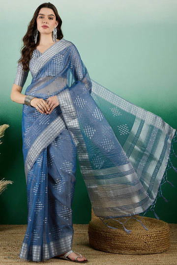 Blue Organza Woven Party Wear Saree