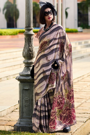 Blush Beige and Black Abstract Print Satin Crepe Saree