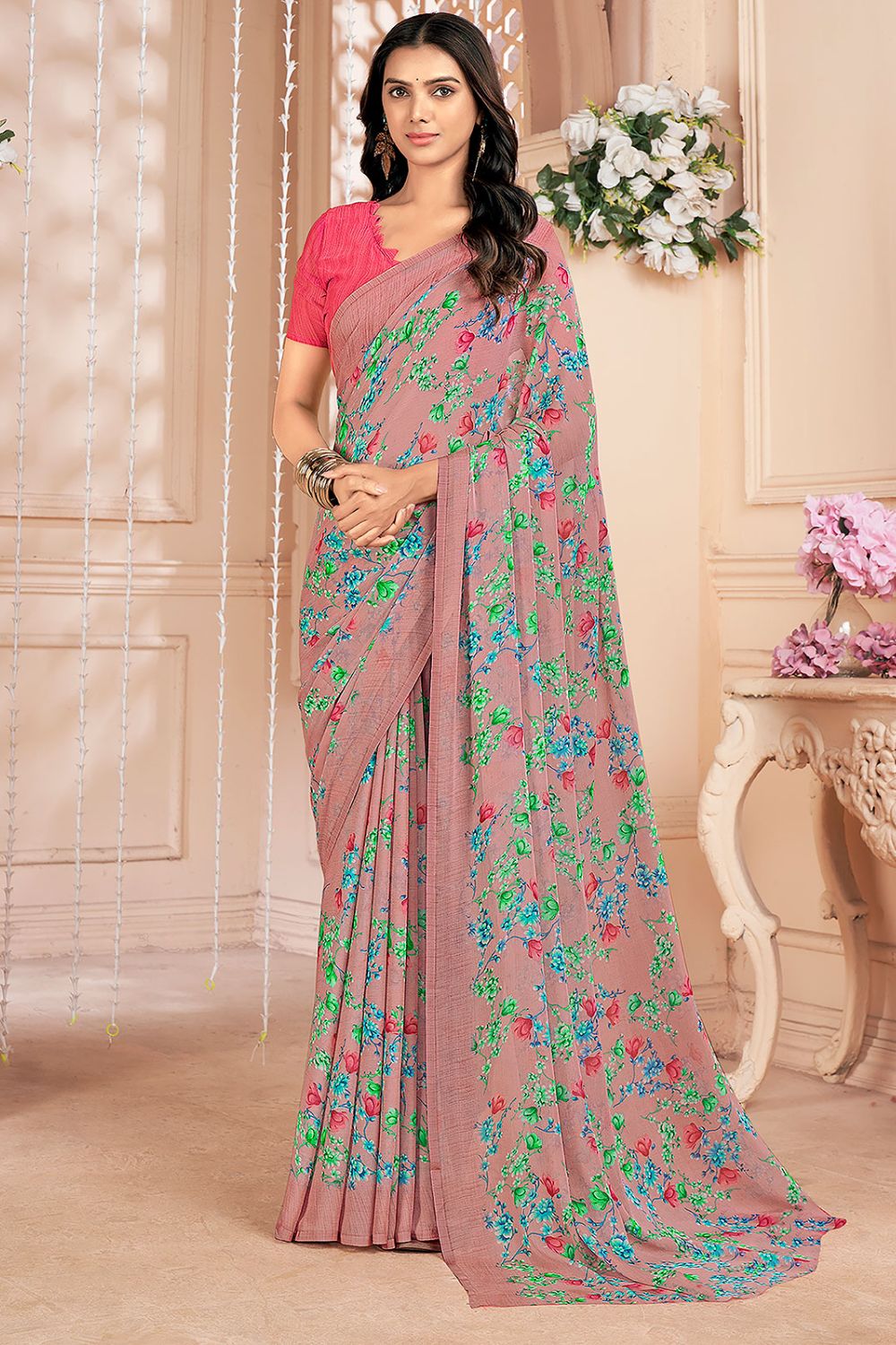 Blush Peach Chiffon Printed Casual Wear Saree