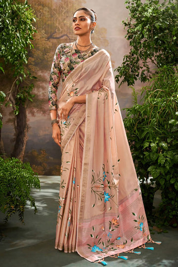 Blush Peach Kalamkari Printed Linen Tissue Saree