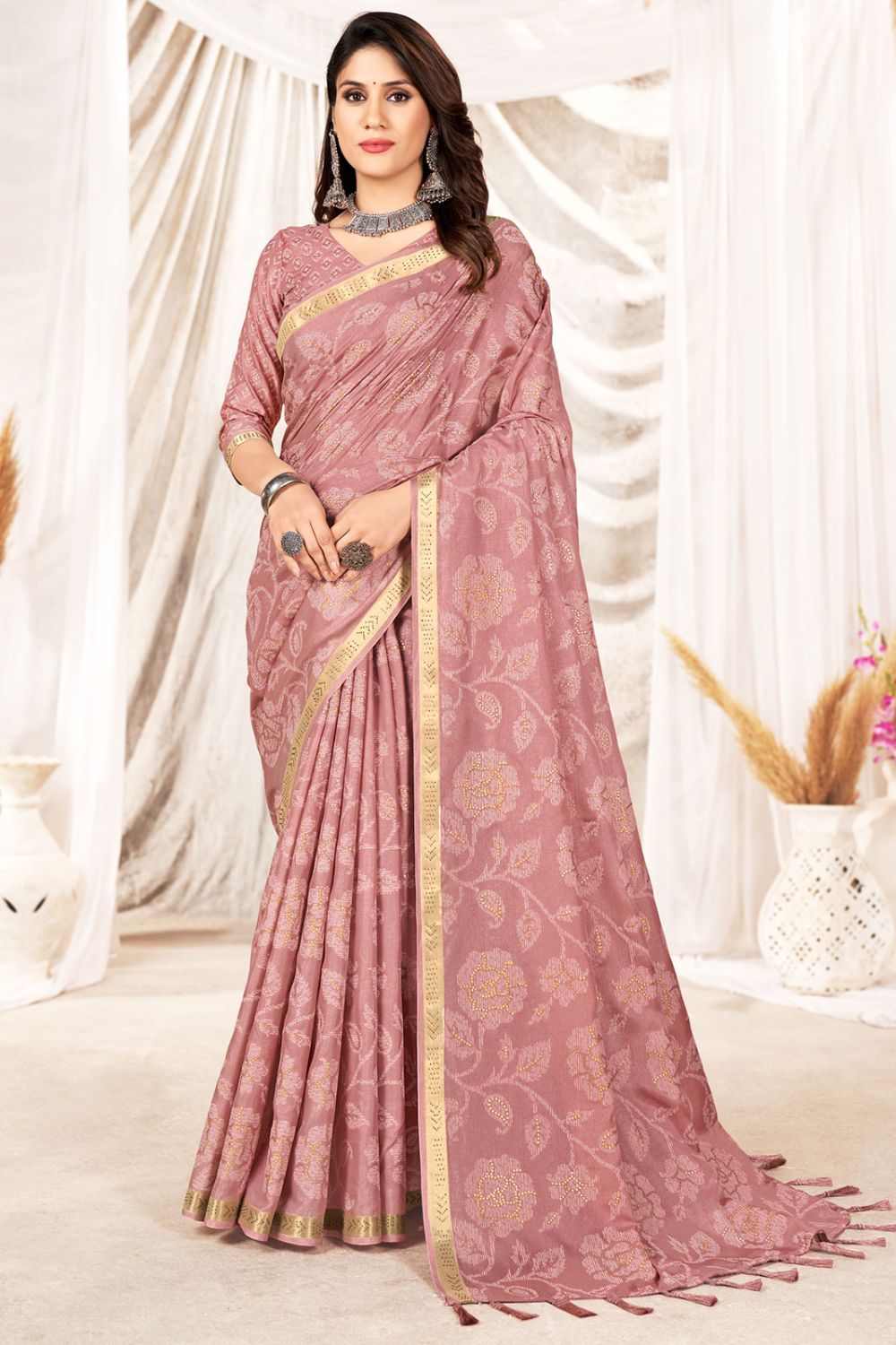 Blush Peach Foil Printed Party Wear Saree