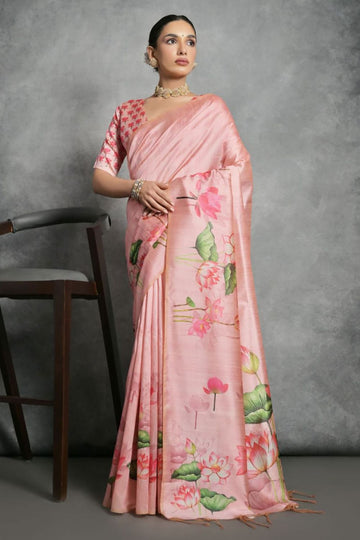 Blush Peach Printed Tussar Silk Digital Printed Saree