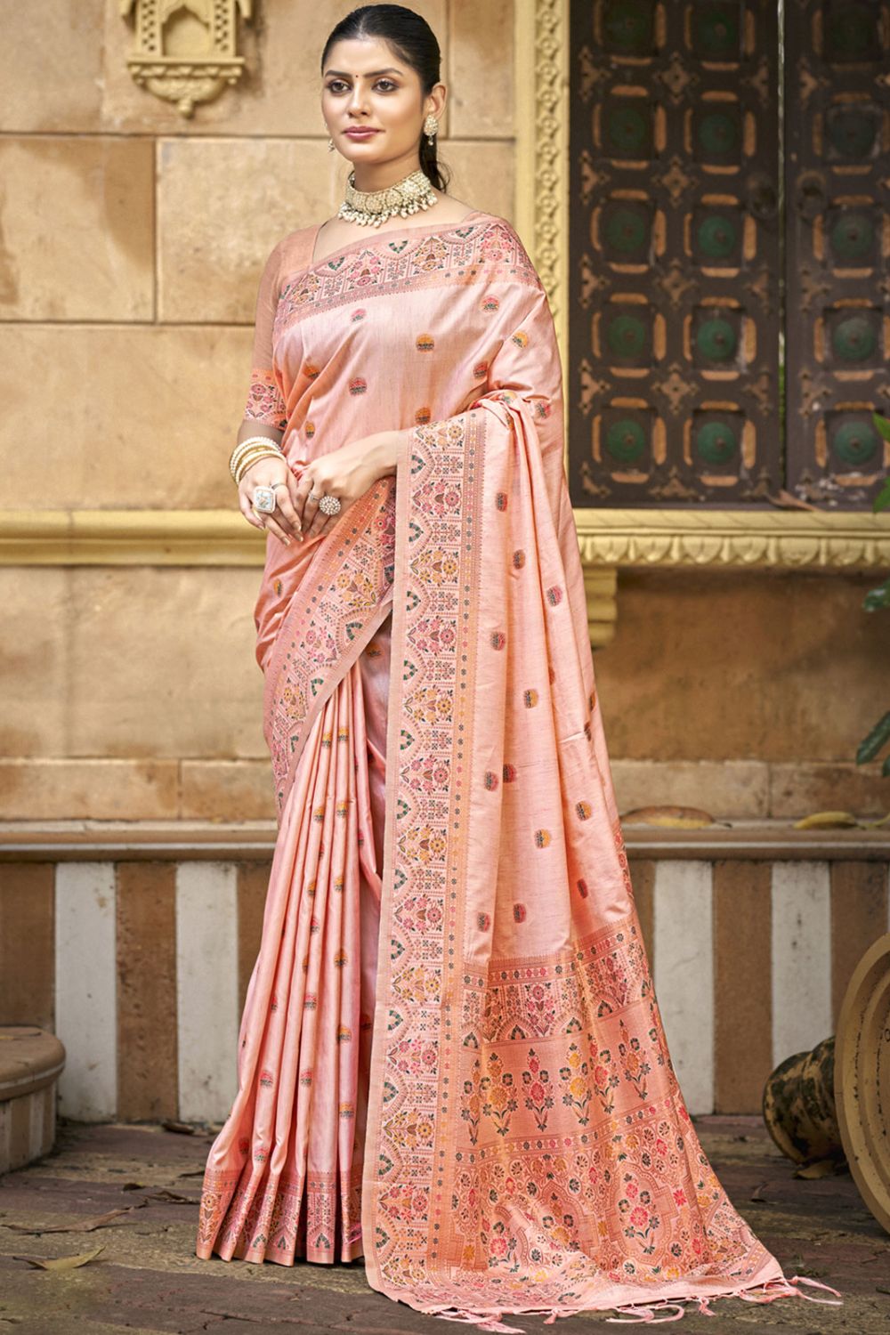 Blush Peach Silk Woven Saree