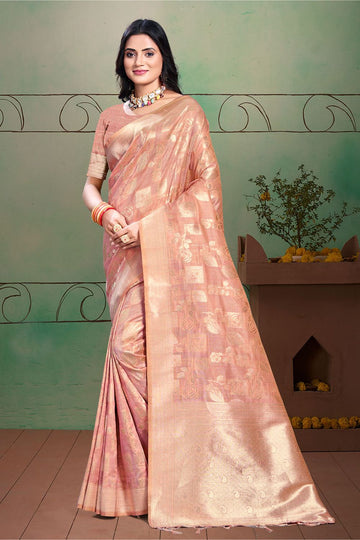 Blush Pink Zari Weaving Work Cotton Silk Saree