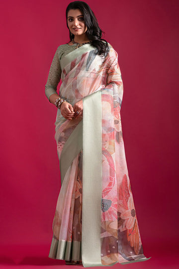 Blush Pink Digital Print Linen Saree for Party