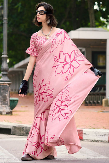 Blush Pink Digital Print Satin Saree