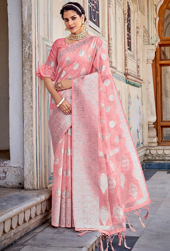 Blush Pink Foil Print Linen Saree for Party