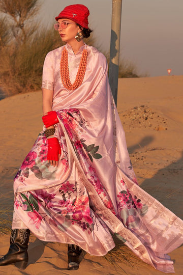 Blush Pink Printed Tussar Silk Party Wear Saree