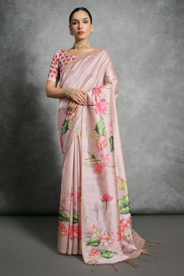 Blush Pink Printed Tussar Silk Digital Printed Saree