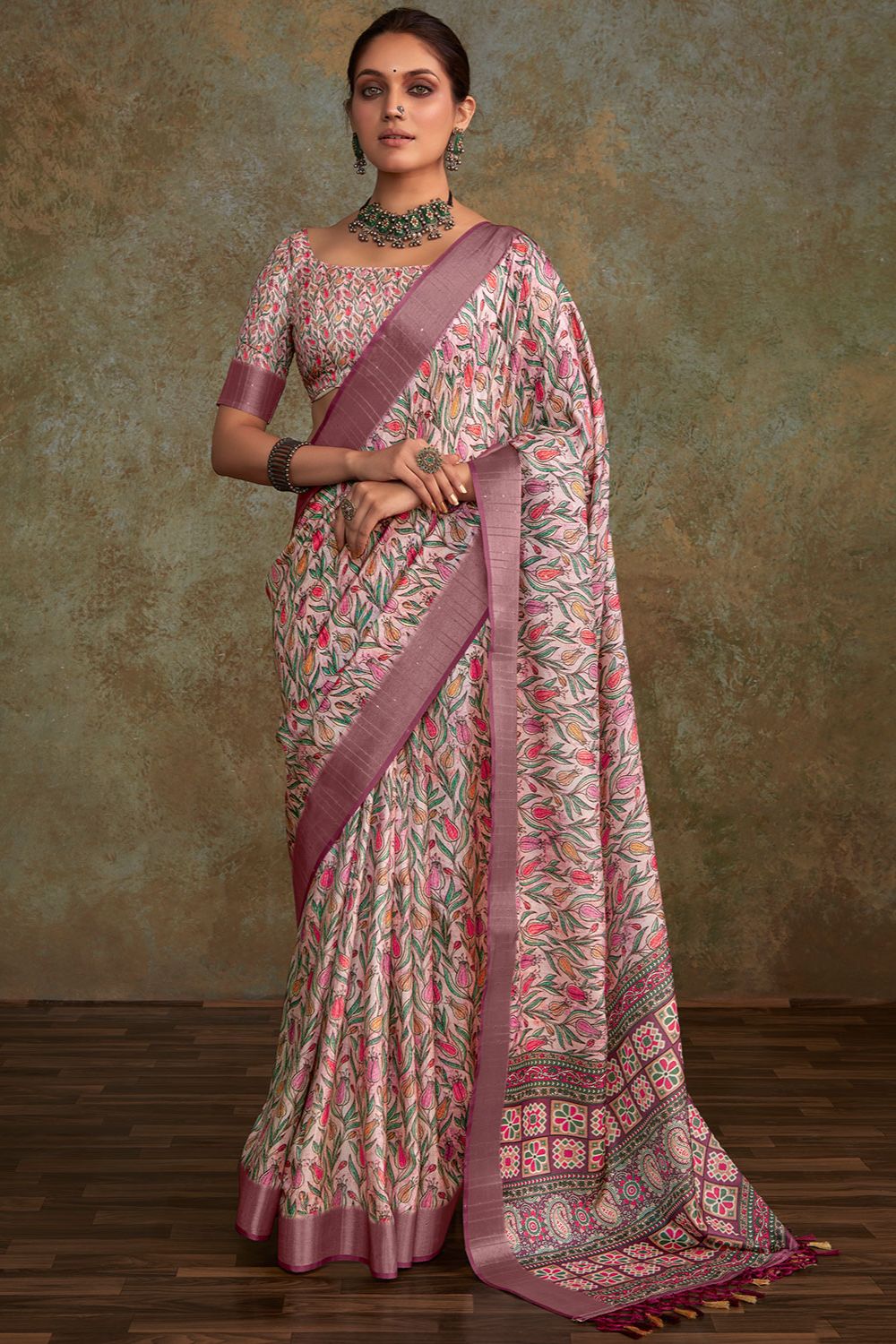 Blush Pink Pure Bagru Printed Handloom Saree