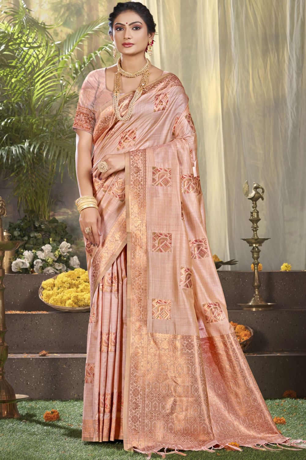 Blush Pink Silk Woven Work Saree