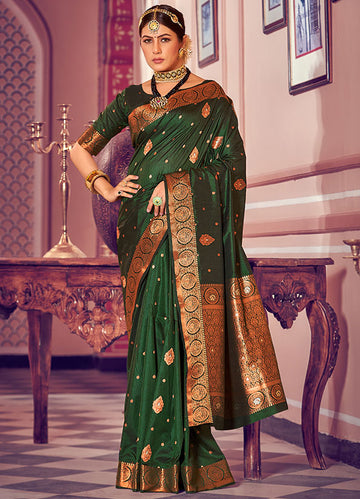 Bottle Green Banarasi Silk Zari Weaving Work Saree