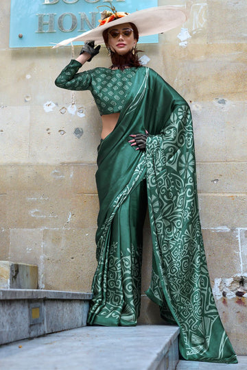 Bottle Green Digital Print Satin Crepe Saree for Party