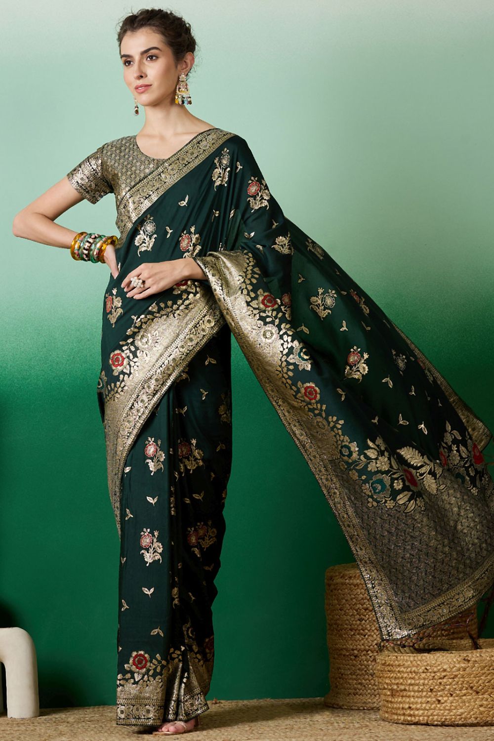 Bottle Green Dola Jacquard Zari Woven Saree for Party