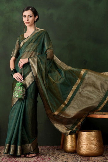 Bottle Green Organza Saree for Party