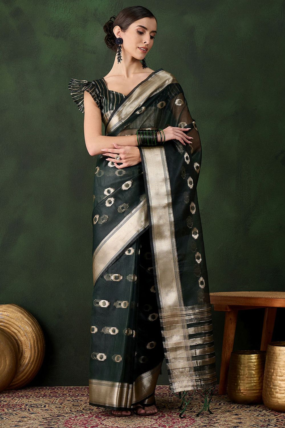 Bottle Green Organza Saree for Party