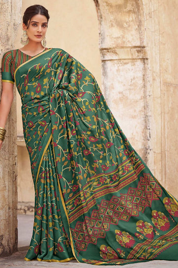 Bottle Green Printed Crepe Satin Saree for Festival