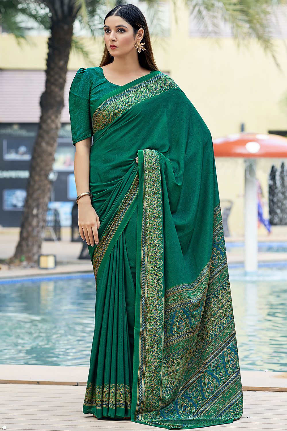 Bottle Green Printed Silk Crepe Saree for Party