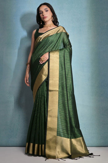 Bottle Green Raw Silk Woven Party Wear Saree