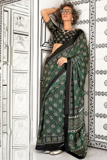 Bottle Green Satin Crepe Digital Printed Casual Wear Saree