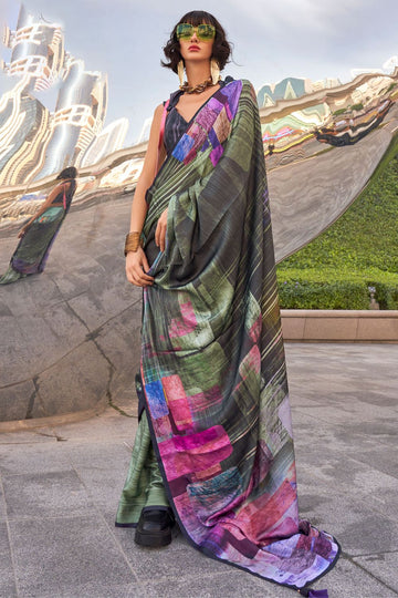 Bottle Green Digital Printed Satin Saree