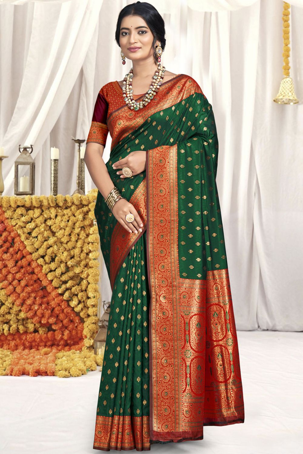 Bottle Green Silk Zari Woven Saree